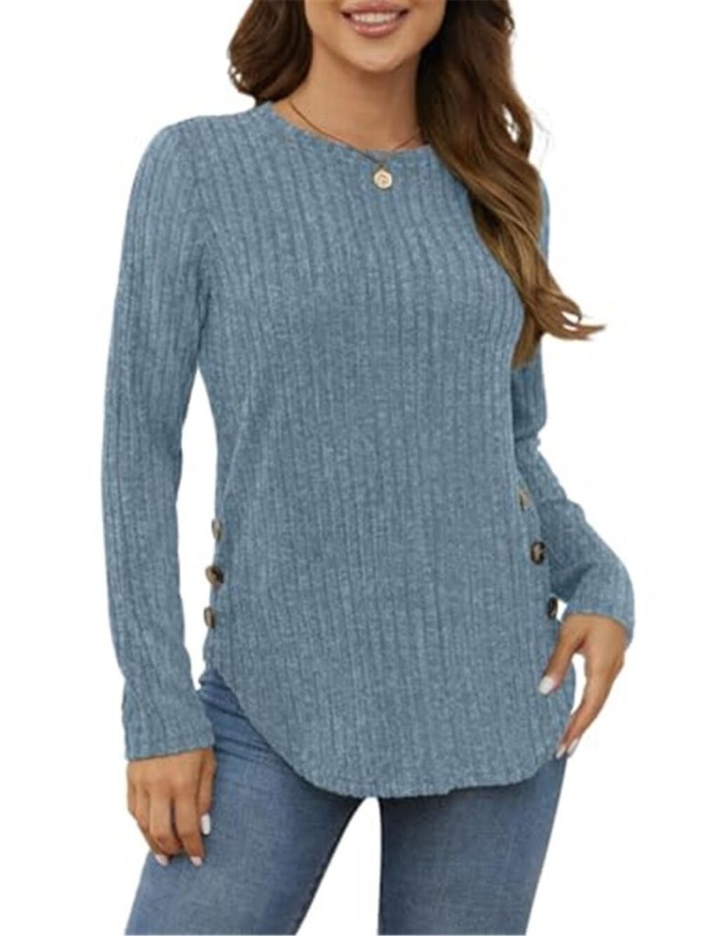 Womens Ribbed Knit Tunic Long Sleeve Round Neck Button Curved Hem Casual Shirt